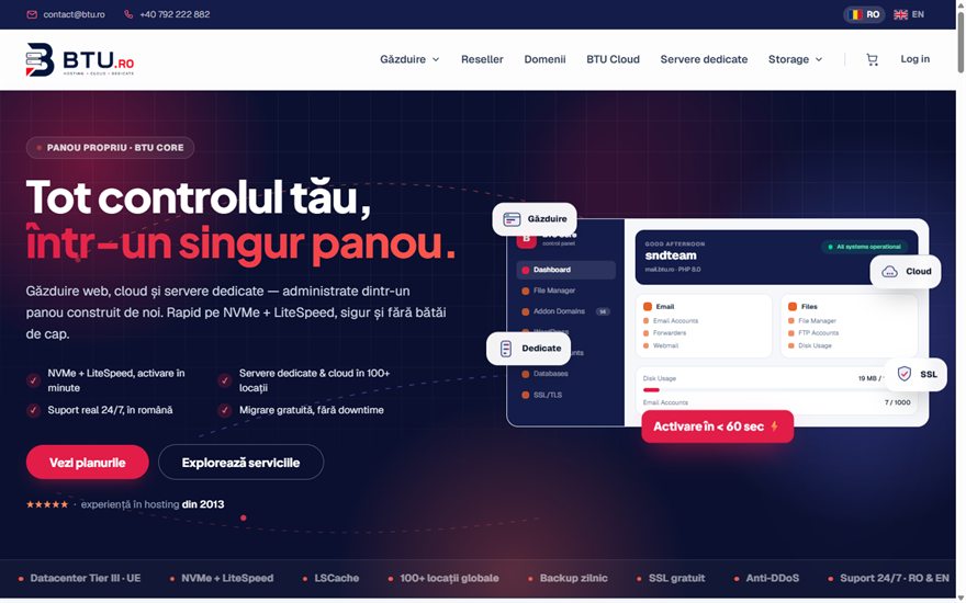 BTU.ro home page — premium NVMe and LiteSpeed web hosting
