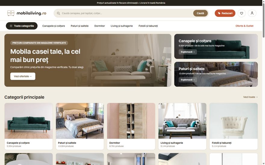 Pagina principală MobilaLiving.ro — marketplace de mobilă și decorațiuni