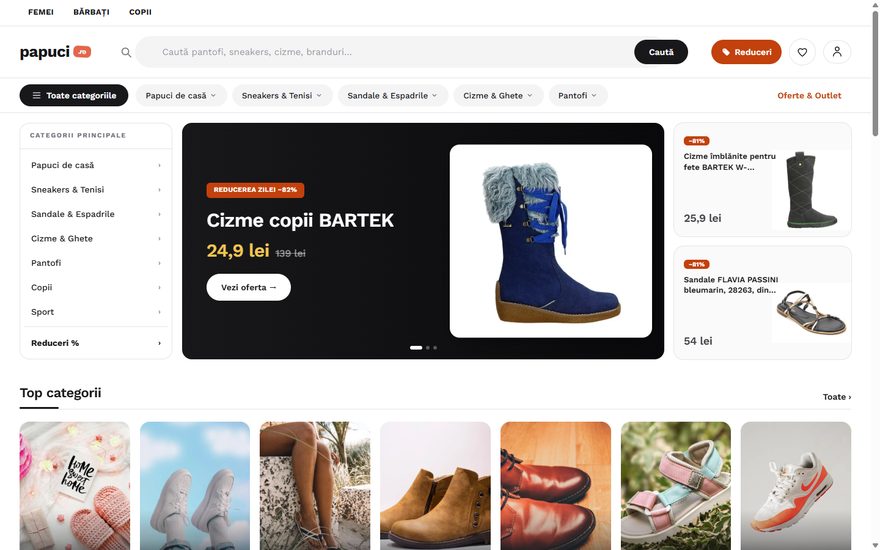 Pagina principală Papuci.ro — marketplace de încălțăminte