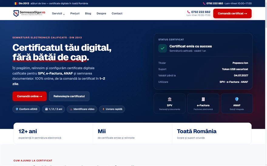 SemneazaSigur.ro home page — qualified digital certificate online